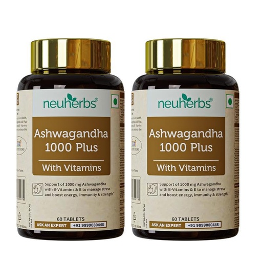 [BRSWYHYNDEGROG3Z] Neuherbs Ashwagandha 1000mg Tablets For Men & Women | Manage Anxiety & Stress Relief | Ashwagandha Supplements With Vitamin B6, B9, B12 & E To Boost Energy, Immunity & Strength - 60 Tablets (Pack of 2)