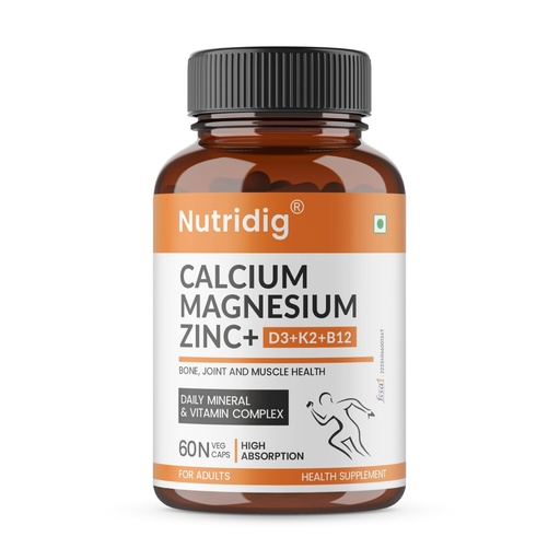 [BRSRYFL2CEFQID34] Veg Calcium Magnesium Zinc Supplement with Vitamin D3, K2 MK7 & B12 | Daily Bone, Muscle & Mineral Nutrition for Men & Women - 60 Capsules