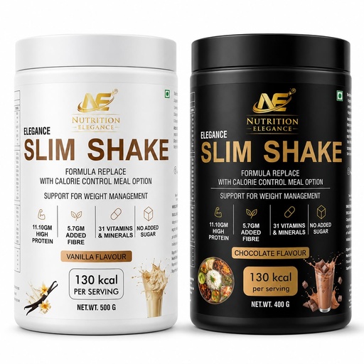 [BRSRYFD5OQDWEDQY] Slim Shake 500g | Meal Replacement Powder with 11.10g Protein, 5.7g Added Fibre, 31 Vitamins & Minerals | No Added Sugar | 130 kcal per Serving | Vanilla+Chocolate (Pack Of 02)