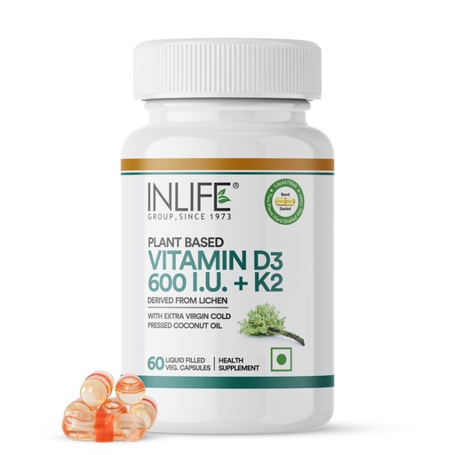 [BRSW2AL2BMGRGD36] INLIFE Vitamin D3 600 IU K2 MK7 55mcg, Plant Based Lichen, 60 Veg Capsules