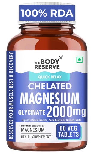 [BRSRA2YCO4JWOHQ3] The Body Reserve Magnesium Glycinate Supplement 60 Veg Tablets, 2000mg Per Serving, High Absorption Chelated Form, helpful in Muscle & Nerve Relaxation, Better Sleep Quality for Men & Women