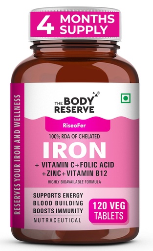 [BRSRAFAEAVYWYADG] The Body Reserve Chelated Iron + Vitamin C Tablets-120 capsules with Vitamin B12,Zinc,Folic Acid,Beetroot Extract-High Absorption,Supports Blood Building,Energy & Immunity,100% RDA,1 count