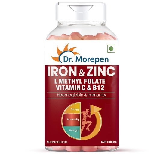 [BRSW2EDQC4PBGDT3] DR. MOREPEN Iron & Zinc Tablets | Enriched with Iron, Zinc, Vitamin C & B12 | Natural & Safe for Men and Women | 60 Veg Tablets