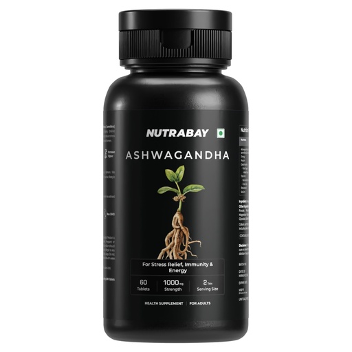 [BRSROZAFDN5W2CDZ] Nutrabay Wellness Ashwagandha Extract Tablet (Withania Somnifera), Enhances Energy, Stamina, Immunity | Anxiety & Stress Relief, 1000mg - 60 Veg Tablets