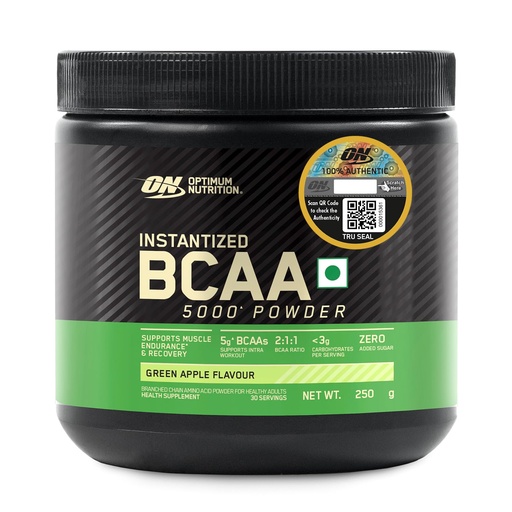 [BRSRMBLQCICB6AYZ] Optimum Nutrition BCAA, 5g BCAAs in 2:1:1 Ratio, 30 servings, For Muscle Recovery & Endurance, Intra workout, Informed Choice certified (250gm, Green Apple)