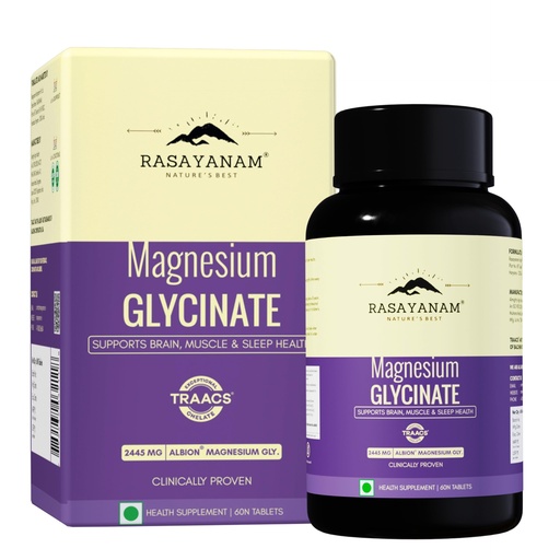 [BRSREGIBA55GMD3L] Rasayanam Chelated Magnesium Glycinate (2445 mg) - 60 Tablets | 440 mg Elemental Magnesium | High Absorption Magnesium Supplement | Supports Sleep, Relaxation & Muscle Recovery | Patented TRAACS®
