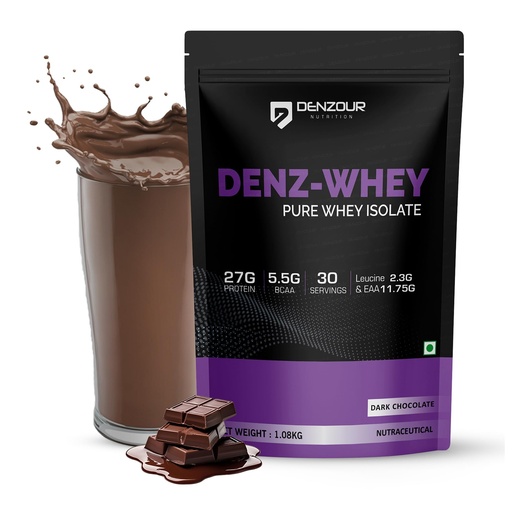 [BRSROFT3BAMGYCI4] DENZOUR NUTRITION Denz Whey Isolate Protein Powder for Men & Women | 27g Protein + 5.5g BCAA per Scoop | Fast Absorbing, Easy to Digest | Dark Chocolate Flavour | 1.08 kg, 30 Servings