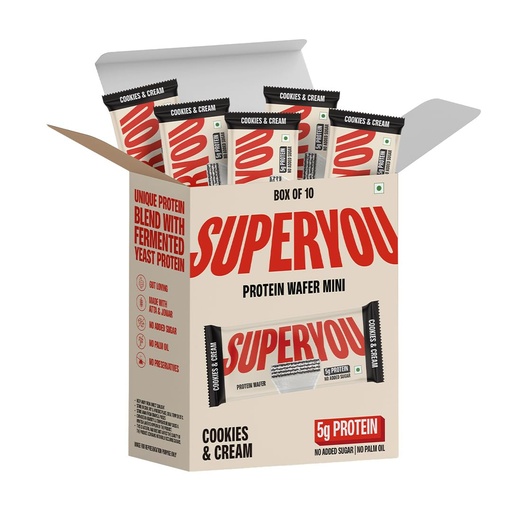 [BRSREBQ5O4CQA3DF] Superyou Cookies & Cream Protein Wafer Mini Bars (Pack Of 10)| 5g Protein | Made with Atta & Jowar | No Added Sugar | Yeast Fermented | Energy Bars | 100% Vegetarian |No Palm Oil | 200g