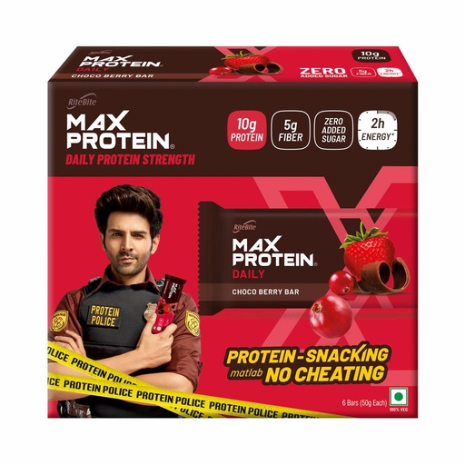 [BRSWKH33AJ4WCDTI] RiteBite Max Protein Daily Choco Berry Protein Bars with 10g Protein, 5g Fiber & 21 Vit. & Minerals | 0 Added Sugar, No Cholesterol & Trans Fat For Upto 2h of Energy, Healthy Snack, 50g (Pack of 6)
