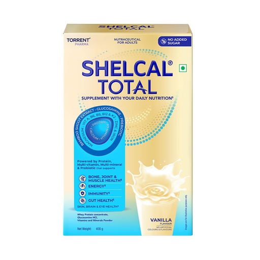 [BRSREYADOUBWCHQY] Shelcal Total - Powered by Protein, Multi-Vitamin, Multi-Mineral & Prebiotic supports Bone, Joint & Muscle, Immunity, Gut Health and more - No Added Sugar (Vanilla) 400g - By Torrent Pharma