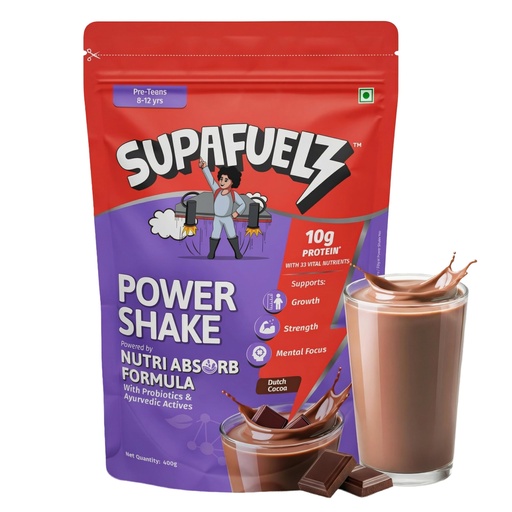 [BRSRABL2BB4A22AU] Power Shake 8-12 yr kids | Height & Strength Drink | 10g Protein, 33 Nutrients, Probiotics & Ayurvedic Actives | Nutrition Support for Growth, Focus & Energy | Chocolate 400g | Safe Nutrition Drink For Kids