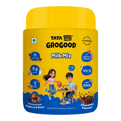 [BRSRYYICBEBQYAY4] Tata 1mg Grogood Kids Milk Mix (7–12 Years) - Chocolate Flavor | 400g | Premium Kids Protein Powder for Growth & Immunity | 9g Protein | No Refined Sugar | 5 Nuts, Grains & Seeds | With added DHA, 21 Vitamins & Minerals and Lactoferrin