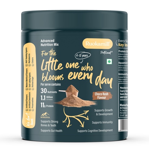 [BRSREEA6C4DWOFIU] Ruokamill Kids Nutrition Mix | Age 4-12 | Supports Growth, Brain Development & Immunity |30 Nutrients, 11g Protein, Omega-3 (EPA & DHA), 1.1B CFU Probiotics | No Refined Sugar | (400g, Chocolate)