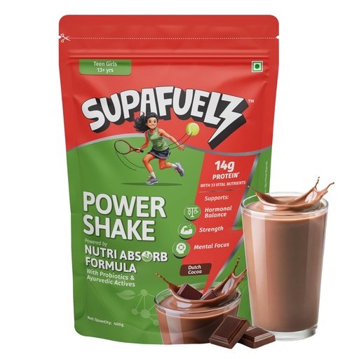 [BRSRABATA55GY3T5] Power Shake Teen Girls 13+ Yrs | Height & Strength Drink | 14g Protein, 33 Nutrients, Probiotics & Ayurvedic Actives| Daily Nutrition drink supports Height, Strength & Focus | Chocolate 400g | Safe Nutrition Drink For Teens