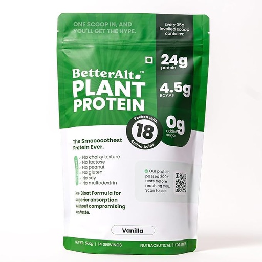 [BRSRY2YNCR6BE3A7] BetterAlt Plant Protein Powder 500g| 24g Protein, 4.5g BCAAs |Pea & Fermented Yeast Protein |No Bloat, No Chalkiness, Gut Friendly |0g Added Sugar |Vegan, Gluten Free |Smooth Vanilla Flavour