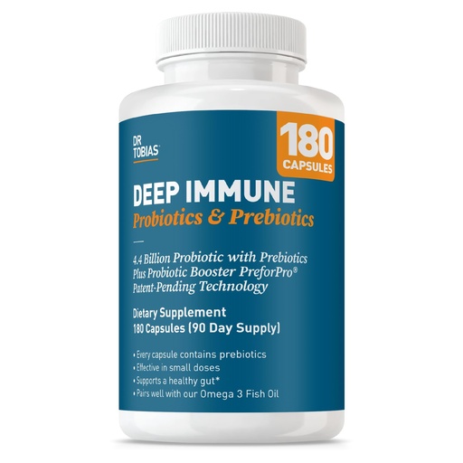 [BRSW2YIEA5YQKC3J] Dr. Tobias Deep Immune Probiotics & Prebiotics - Dual Action Digestion & Immune Support with PreforPro Prebiotics & Spore Forming Probiotics for Women & Men - 180 Capsules (90 Servings)