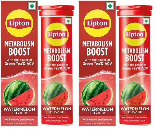 [BRSRYZAOOF5R43AY] Lipton Metabolism Boost with 150mg Green Tea Catechins and 50mg ACV (Apple Cider Vinegar) | For Weight Loss & Fat Burn | Zero Calories | 16N Effervescent Tablets | Watermelon Flavour (Pack of 2)