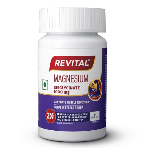 [BRSRGBA2OJ4A4CDP] Revital Magnesium Bisglycinate|Chelated |100% RDA | 440mg Elemental Magnesium |Upto 8X Higher Bioavailability |Better Absorption| Scientifically crafted for both men & women | |Muscle Recovery & Stress Relief | Restful Sleep Support | 60 Tablets