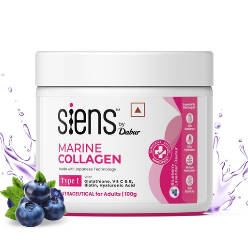 [BRSRAGT3CQBWAFD6] Siens By Dabur Hydrolyzed Marine Collagen-100g | Made with Japanese technology | Supplement for Women | For Skin Radiance & Hydration | Blueberry Lavender Flavour, Powder