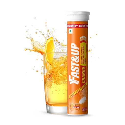 [BRSWGFDYCUMBQADO] Fast&Up Charge Natural Vitamin C - 20 Effervescent Tablets, Amla Extract + Zinc for Daily Immunity | Helps to boost & Strengthens Collagen for Healthy Skin, Hair & Nails- Orange Flavour