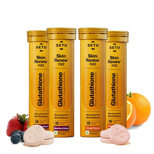 [BRSRAZQ7AUCRUEIZ] Setu Skin Renew Glutathione Tablets for Glowing Skin | 60 Effervescent Tablets with 500mg L-Glutathione & Vitamin C | Antioxidant, Skin Glow Supplement for Clear Skin | Mixed Berry & Orange, Pack of 4