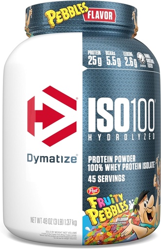 [BRSWYZ34CMNROG33] Dymatize x Fruity Pebbles ISO100 Whey Protein Powder Isolate, 25g of Protein, 5.5g BCAAs, 120 Cal., Gluten Free, 1g Fat, 1g Sugar, 2g Carb (45 Servings)