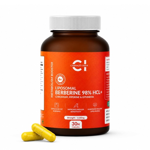 [BRSREAAEDIMRGHLF] Cannazo India Liposomal Berberine 98% HCL+ 1160MG | 30 Veg Capsules with Chromium, Piperine & Gymnema | Cholesterol Care | Weight Management & Metabolism Booster for Men & Women | Hormonal Balance & Healthy Blood Sugar