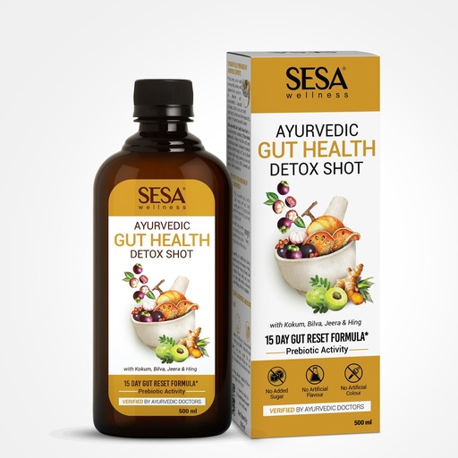 [BRSRGYA2OQBQKHLF] Sesa Ayurvedic Gut Health Detox Shot - 500 ml | 15 Day Gut Reset Formula | Improves Prebiotic Activity, Digestion & Metabolism | Contains Kokum, Bilva, Jeera & Hing | No Artificial Colour, Flavour & Sugar