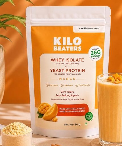 [BRSRYZQNO4IWGHIY] KiloBeaters Whey Protein Isolate Powder with Yeast Protein Pack of 4 x 50g | Real Alphonso Mango | 26g Protein Per Scoop | High Protein Supplement for Muscle Recovery & Lean Muscle Support | Gut-Friendly | Zero Fillers | Monk Fruit Sweetened