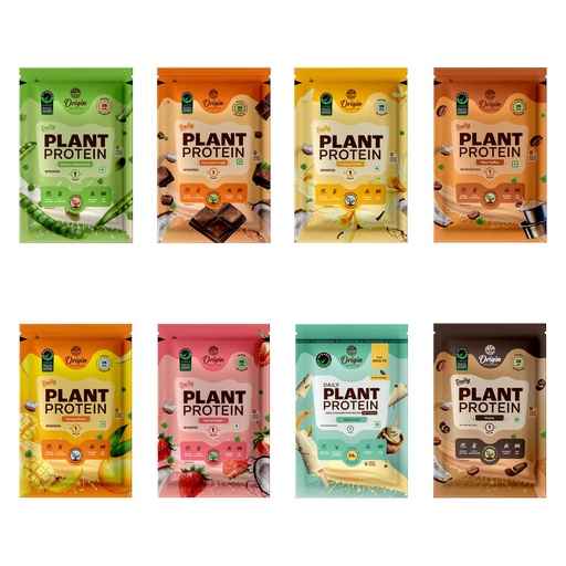 [BRSRYYANCMNGYAIU] Origin Nutrition Plant Protein Powder | Trial Pack of 8 Flavours | 25g Pea Protein Isolate & Pumpkin Seed | 8 Sachets, 8 Servings | Vegan, Clean, Gut-Friendly for Men & Women