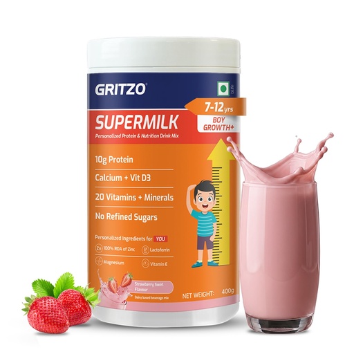 [BRSRGAYQCEMAGFY6] Gritzo SuperMilk Growth+ (7-12y Boy), Strawberry Swirl, 400g