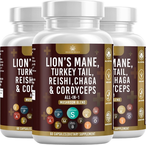[BRSRAYI6OEJRUHY4] Mushroom Supplement with Lion's Mane Turkey Tail Reishi Cordyceps Chaga Marshmallow Root - 180 Count