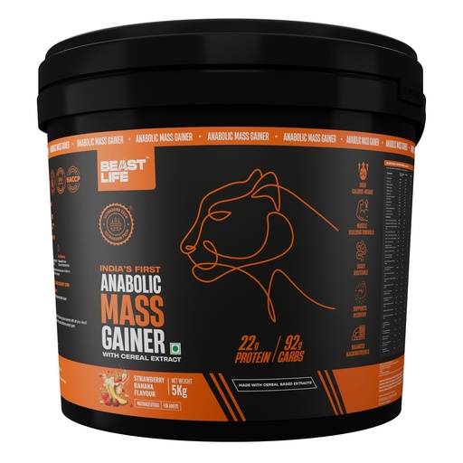 [BRSRGBIEOQJROAI6] BeastLife High Protein Mass/Weight Gainer | 5 KG | Strawberry Banana | NABL LAB Tested | For Muscle Gain & Fast Growth | Cereal-Based Formula, No Maltodextrin | India's #1 Cereal Based Bulk Gainer