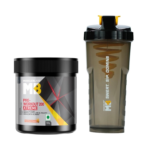 [BRSRGHA2C4NWEET5] MuscleBlaze Pre Workout 200 Xtreme Powder, Fruit Punch, 100g + Shaker