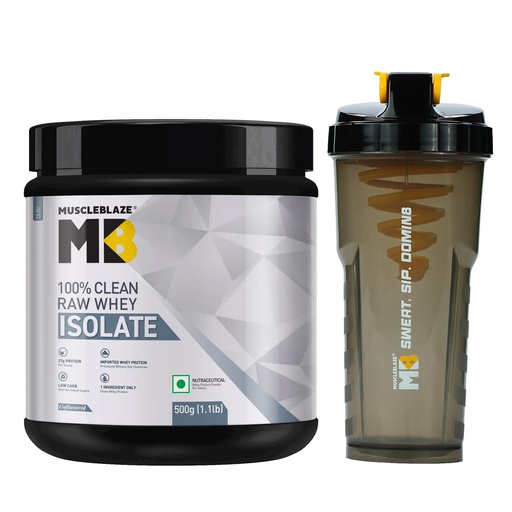 [BRSRGAY5CECQM2DH] MuscleBlaze 100% Clean Raw Whey Protein Isolate, 500g (1.1lbs) + Shaker