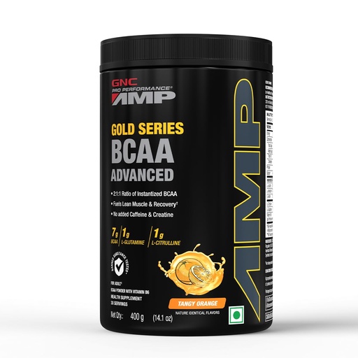 [BRSWGCYFAANR6F3H] GNC AMP Gold Series BCAA Advanced | 400 gm | 30 Servings | Fastest Muscle Recovery | Maximized Workout Performance | Formulated In USA | 7g BCAA | 1g L-Glutamine | 1g L-Citrulline | Tangy Orange