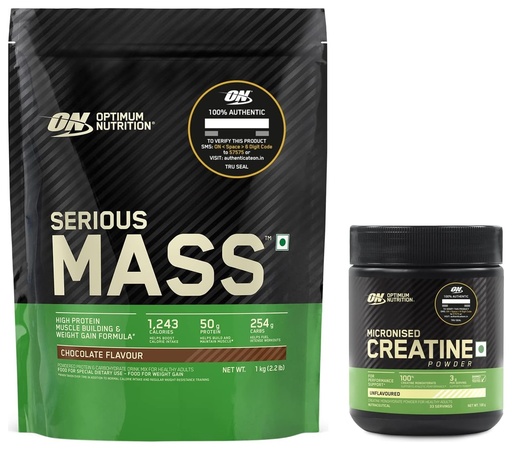 [BRSROGQFDIDWYG3H] OPTIMUM NUTRITION (ON) Serious Mass Gainer powder (Veg) - Pack of 1 kg (Chocolate) & Optimum Nutrition (ON) Micronized Creatine Powder - 100 Gram, 33 Serves, Unflavored. COMBO