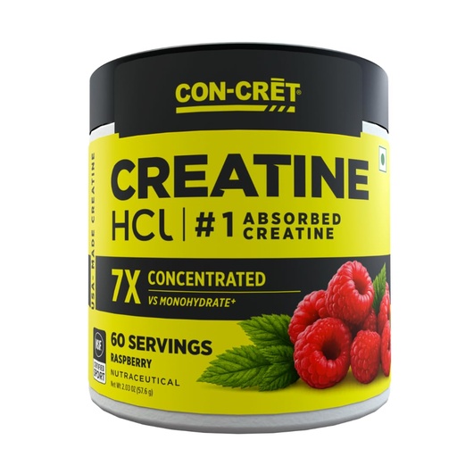 [BRSRAGTRBNYAKCDB] CON-CRET Concentrated Creatine HCL - supports Muscle, Cognitive, Cellular Energy | No Bloating or Cramps | USA Made & NSF Certified | 60 Micro-dosed servings | Raspberry Flavour (57.6gms)