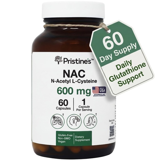 [BRSRAEADPINAEHQV] PRISTINE'S N-Acetyl L-Cysteine (NAC) 600MG 60 Day Supply Supplement Capsules - Glutathione & Liver Detox Support - Potent Antioxidant - Vegan, Gluten Free, Non GMO Glass Bottle
