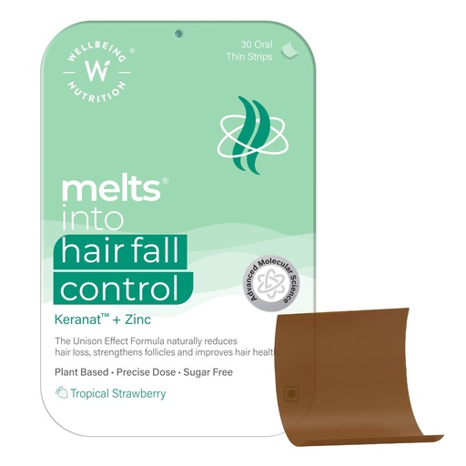 [BRSRMZAOAAFGEF3O] Wellbeing Nutrition Melts Hair Fall Control | Clinically Proven Keranat, Zinc, Biotin | Hair Loss Support DHT Blocker, Nourish Follicles, Improve Volume & Thickness, 30 Oral Strips