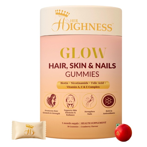 [BRSRGAL2B4CAE3TL] Her Highness GLOW Hair Skin & Nails Gummies for Women | 30 Gummies | Biotin, Vitamin B Complex, Vitamins A, C, D, E, Folic Acid, Nicotinamide | Healthy Hair, Radiant Skin & Strong Nails Support | No Added Sugar | No Added Preservatives | 100% Veg | Cranberry Flavour