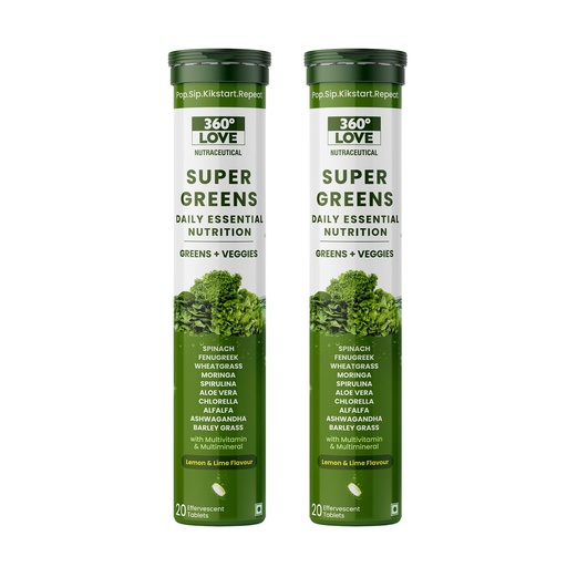[BRSREHD2CMDROCD3] Super Greens Effervescent Tablets | Daily Nutrition with Greens & Veggies | Wheatgrass, Moringa, Ashwagandha & Aloe Vera Blend | Multivitamin Support | Lemon Lime Flavour | 20 Tablets | Pack of 2