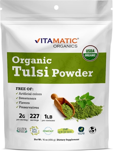 [BRSRMZ3RAECQ4FL3] Vitamatic Certified USDA Organic Tulsi (Holy Basil) Powder – 1 Pound (16 Ounces) – Adaptogenic Herb for Stress, Immunity & Overall Wellness