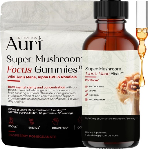 [BRSRAZA2AQMQEE3V] Auri Focus Gummies &quot; Brain Boost Elixir Bundle - Super Mushroom Focus Gummies &apos; s Mane Liquid Elixir - Cognitive Function &quot; Mental Clarity supplement - 60 Gummies and 60ml Elixir