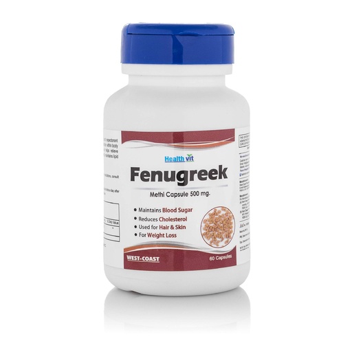 [BRSWKHYRDJ5AECLF] Healthvit Fenugreek Powder 500mg For Weight Loss | Maintain Blood Sugar Level | Effective For Hair And Skin | Vegan & Herbal Supplement | 60 Capsules