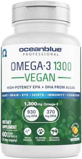 [BRSRMBDYO55GOCQ3] Oceanblue Professional Vegan Omega 3 1300-60 Count - Plant Based Fish Oil Alternative, High Potency Vegan DHA EPA Algae Oil Supplement - Non-GMO, 30 Servings