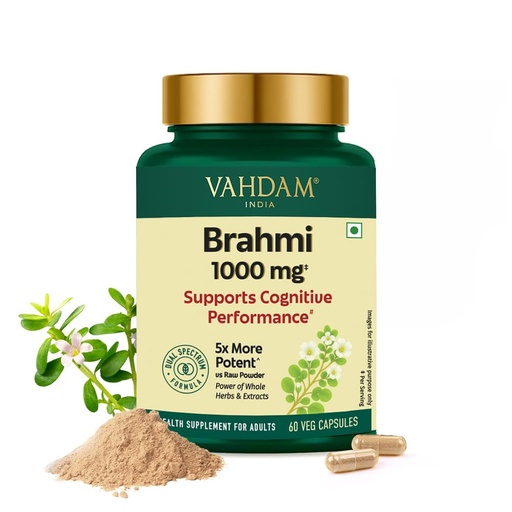 [BRSREHYQBN7BUA3K] VAHDAM Brahmi Capsules 1000mg | Bacopa Monnieri for Memory, Focus & Cognitive Performance | Dual Extract: Whole Herb + 20% Saponins Standardised Extract | 60 Veg Capsules | Brain Supplement