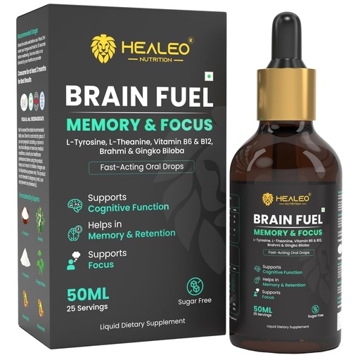 [BRSROAL7AR4GGFLK] Healeo Brain Fuel Drops for Memory & Focus with Ginkgo Biloba, Brahmi, L-theanine | Nootropic Brain Booster Supplement - 50ml