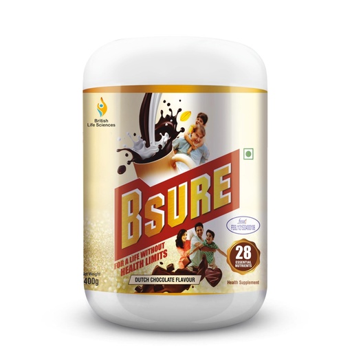 [BRSRAZAQAEPR43DL] Bsure - For a Life Without Health Limits | Complete Balanced Nutritional Supplement for All Ages | Immunity Booster with 3 Vital Antioxidants & 28 Nutrients | Gluten-Free | Dutch Chocolate Flavour | 400g