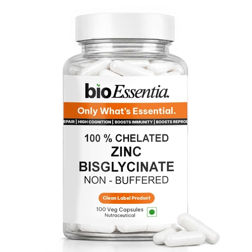 [BRSRYGTQBMMWMH3U] BioEssentia Zinc Bisglycinate | 66 mg Zinc Glycinate| 100% RDA | 100% Chelated & Non-Buffered | Highly Bioavailable Zinc Supplement | Clean Label | 100 Veg Capsules